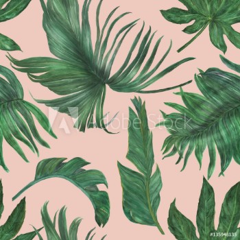 Picture of Watercolor painting seamless pattern with bananas and palm leaves